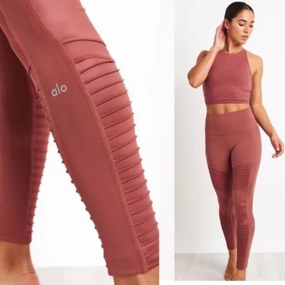 ALO Yoga Moto Legging High Rise Rose Mauve Pink Pleated Mesh active pants XS - Picture 4 of 9